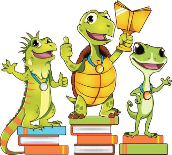 Reptiles standing on books turtle holding trophy
