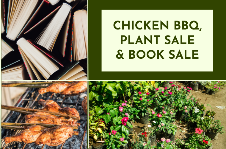 graphic with books, grilling chicken, and plants with the words "chicken bbq, plant sale & book sale"