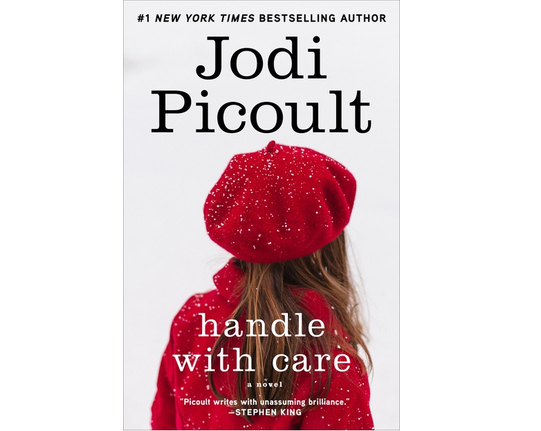 cover of handle with care by Jodi Picoult. the back view of a girl wearing a red coat and hat