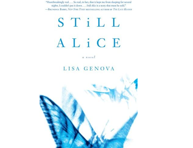 cover of Still Alice by Lisa Genova. Blue butterfly and words on a white cover
