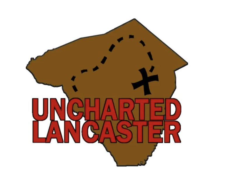 cartoon shape of lancaster county with dash-trail leading to large "X", "Uncharted Lancaster"